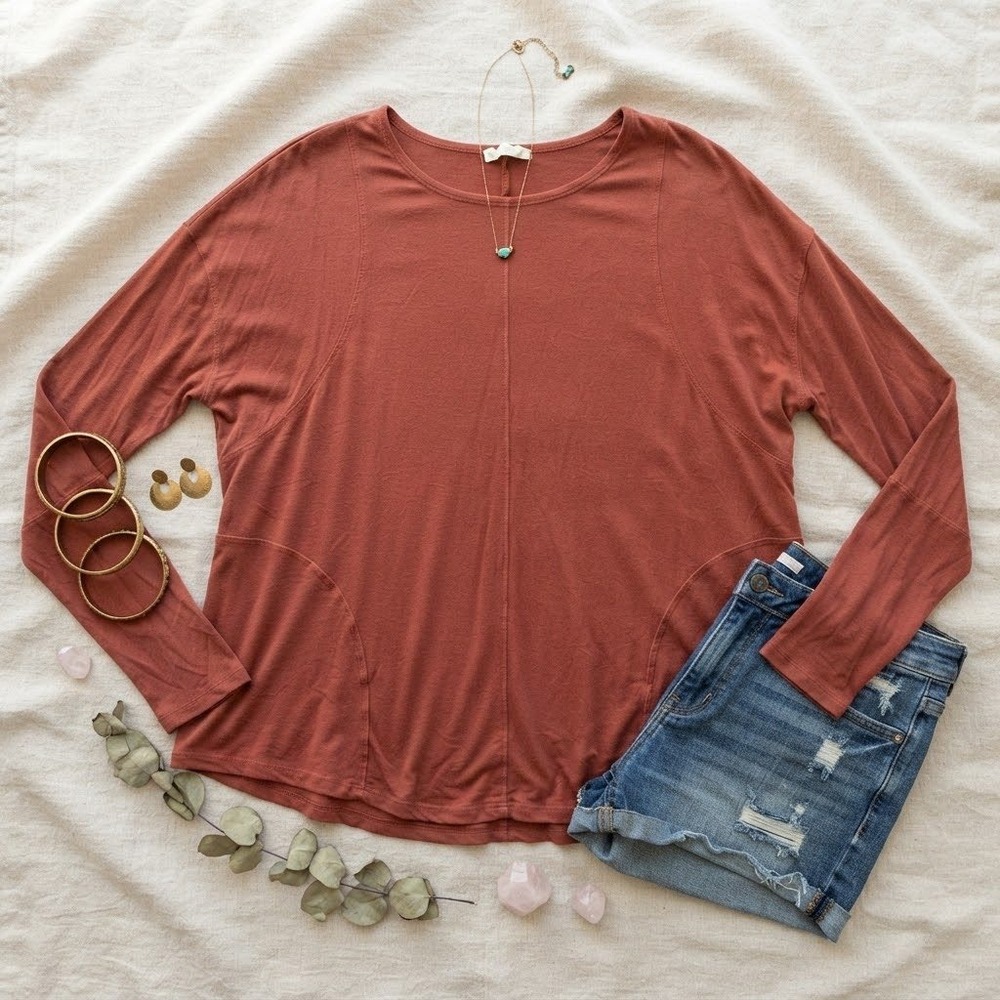 Easel Womens Ribbed Long Sleeve Top Rust Terracotta Exposed Seam Small